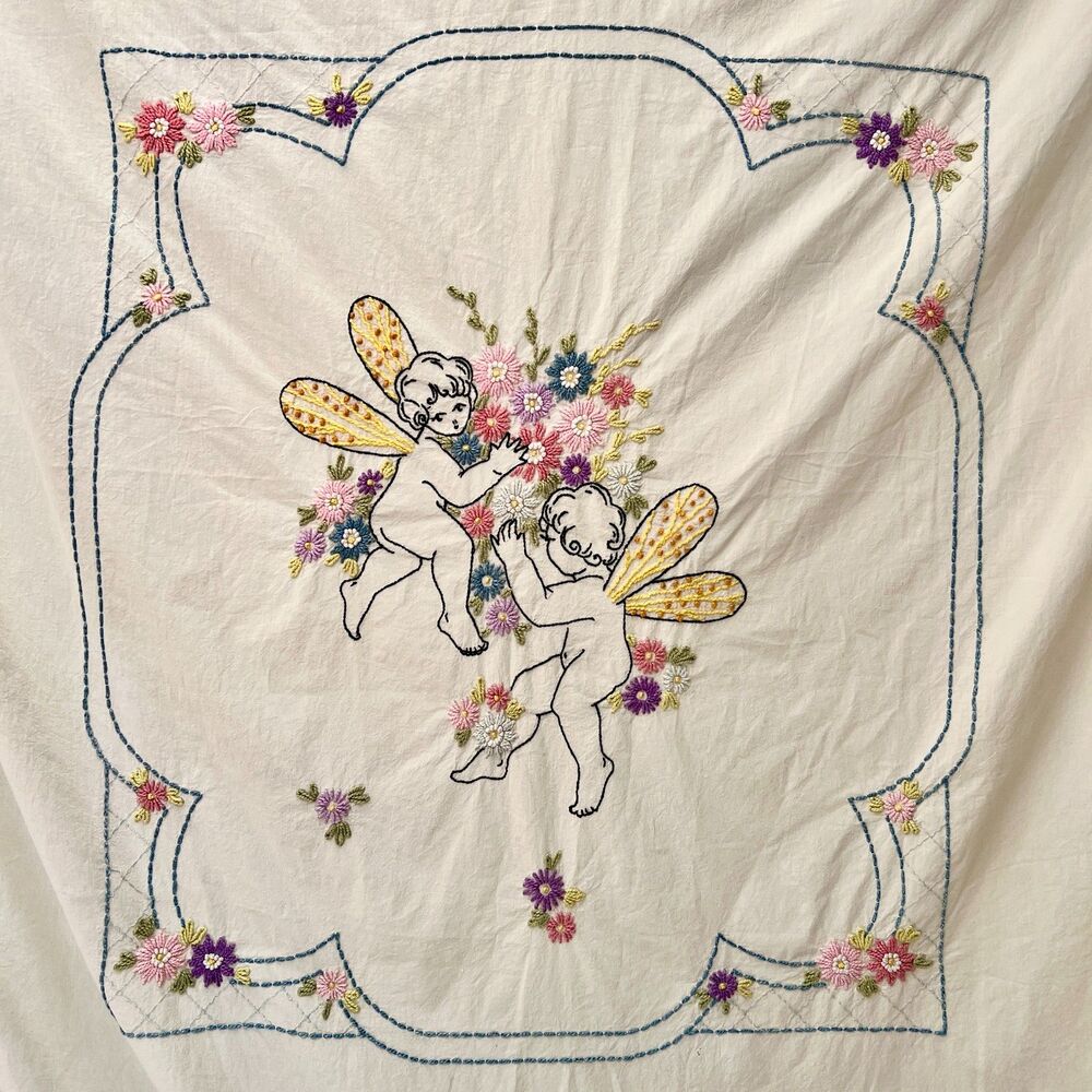 Vintage Mid Century Hand-Embroidered  Cherub & Floral Motif Summer Spread 84x79